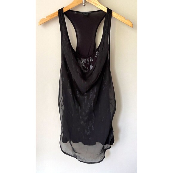Guess Women's Small Black Sequin Racerback Tank Top Chiffon Cowl Layer in Front - Picture 1 of 10